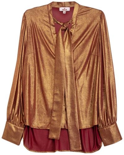 Niza Metallic Lace Sleeve Shirt With Metallic Lacing - Brown