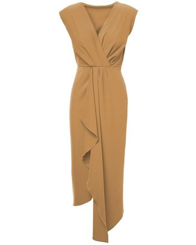 BLUZAT Camel Midi Dress With Draping And Pleats - Brown