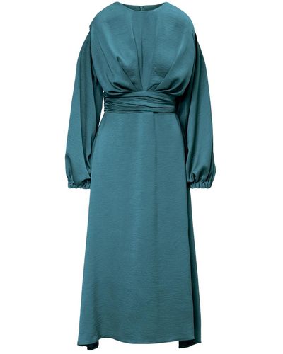 BLUZAT Turquoise Midi Dress With Shoulder Pads Detail And Pleats - Blue