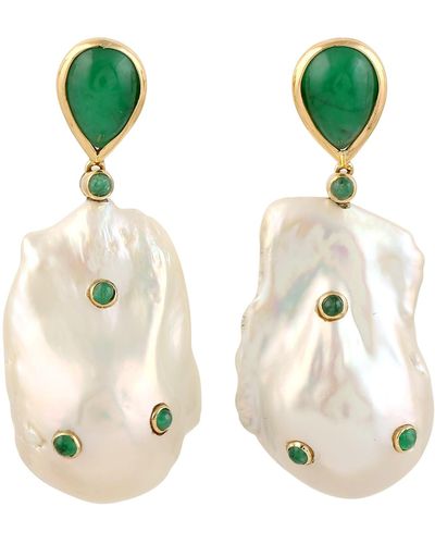 Artisan Natural Pearl & Emerald Pear Shape 18k Yellow Gold Dangle Earrings - Green