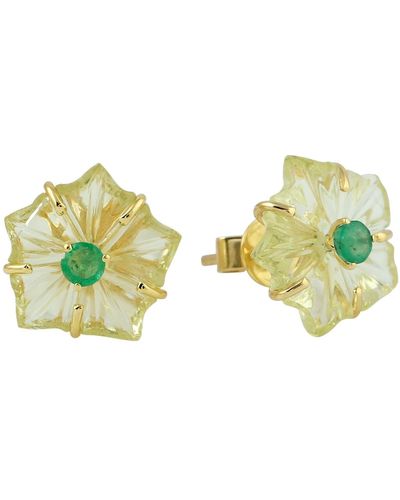 Artisan 18k Yellow Gold Carving Quartz Emerald Stud Earrings Handmade Jewelry - Green