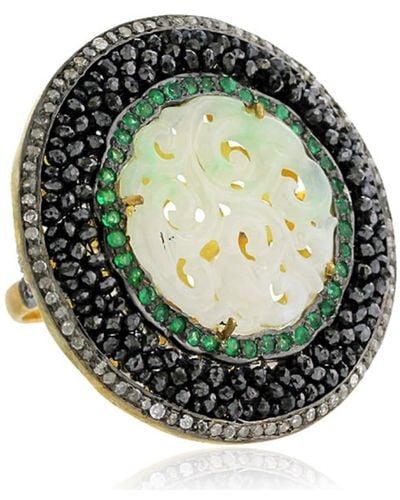 Artisan Carved Jade & Emerald In 18k Gold With Silver Pave Diamond Dome Cocktail Ring - Green
