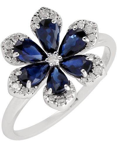 Artisan Pear Blue Sapphire & Diamond In 18k White Gold Daisy Flower Ring