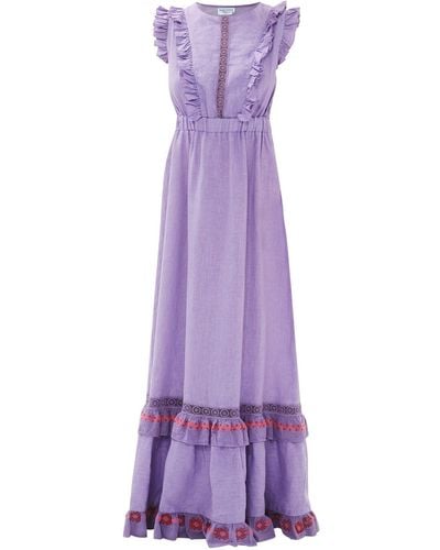 Haris Cotton Lace Insert Maxi Linen Dress With Frills - Purple