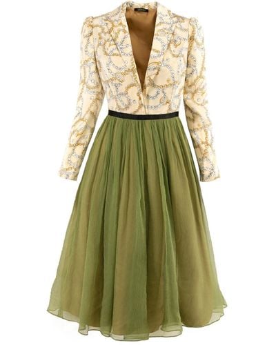 AVENUE No.29 Neutrals Silk V Neck Lapel Dress With Gathered Midi Skirt – Nude & Olive - Green
