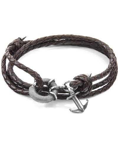Anchor and Crew Dark Brown Clyde Anchor Silver & Braided Leather Bracelet