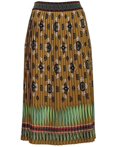 Lalipop Design Abstract Khaki Flower Print Pleated Midi Skirt - Green