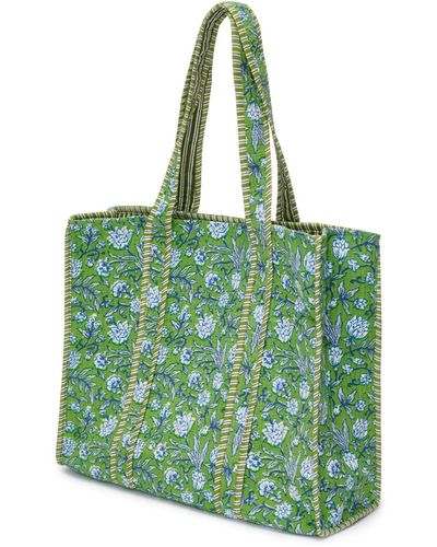 At Last Cotton Tote Bag In With White & Blue Flower - Green