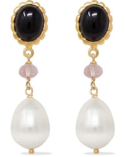 Vintouch Italy Onyx, Pink Quartz & Pearl Rose Gold Drop Earrings - Black