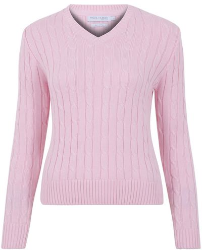 Paul James Knitwear S Cotton Talulah Cable V Neck Sweater - Pink