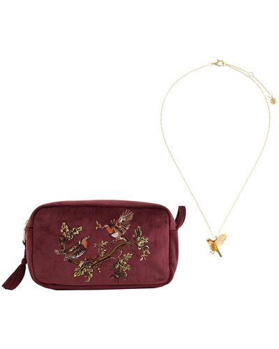 Fable England Robin Love Embroidered Pouch Velvet & Flying Robin Necklace - Purple