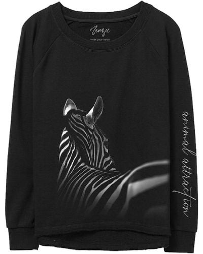 Zenzee Zebra Animal Print Crewneck Sweatshirt - Black