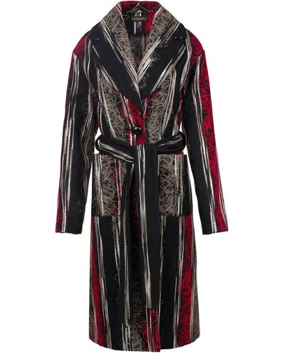 Conquista Multicoloured Long Wool Blend Jacquard Style Coat With Belt - Black