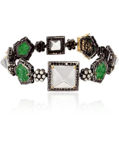 Artisan 18k Gold 925 Silver In Crystal & Carved Jade With Pearl Pave Black Diamond Fixed And Flexible Bracelet - Green