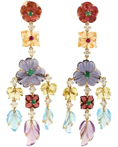 Artisan 18k Yellow Gold Hand Carved Ruby Emerald Tourmaline Flower Dangle Earrings Diamond Jewelry - White