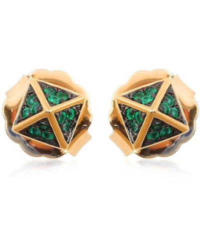 Artisan Natural Emerald Designer Stud Earrings 18k Yellow Gold - Multicolor