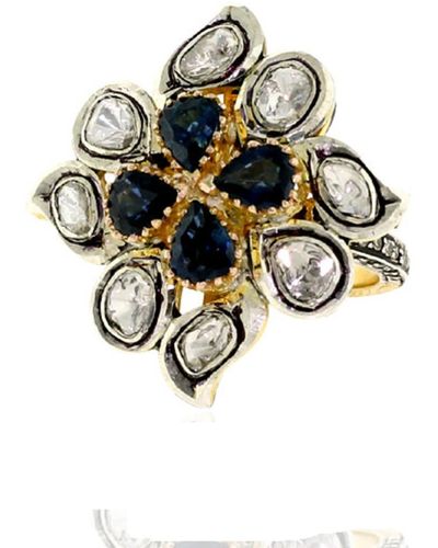 Artisan Blue Sapphire Uncut Diamond Ring 14kt Gold 925 Sterling Silver Jewellery - Black
