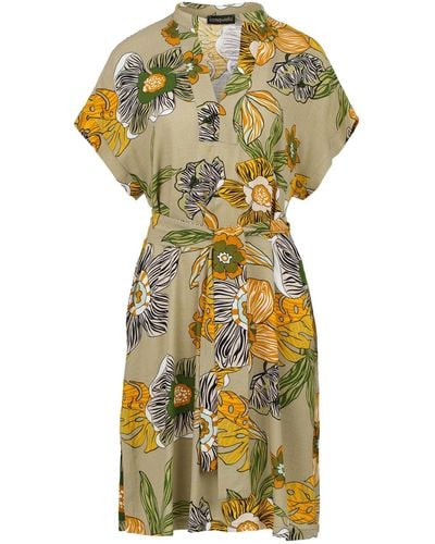 Conquista Linen Style Bold Floral Print Dress With Mandarin Collar - Metallic