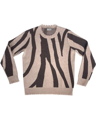 Zenzee Cashmere Wool Zebra Print Crewneck Sweater - Natural