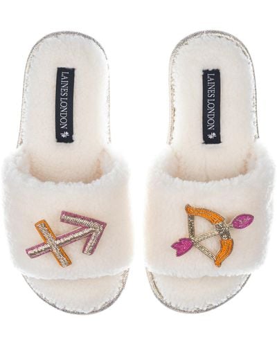 Laines London Teddy Towelling Slipper Sliders With Sagittarius Zodiac Brooches - White