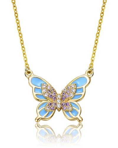 Genevive Jewelry Rachel Glauber Kids Yellow Gold Plated With Shades Of Amethyst Cubic Zirconia Blue Enamel Butterfly Pendant Necklace - Metallic