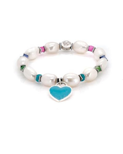 Ebru Jewelry Sterling Silver Blue Enamel Heart Charm Pearl Beaded Bracelet