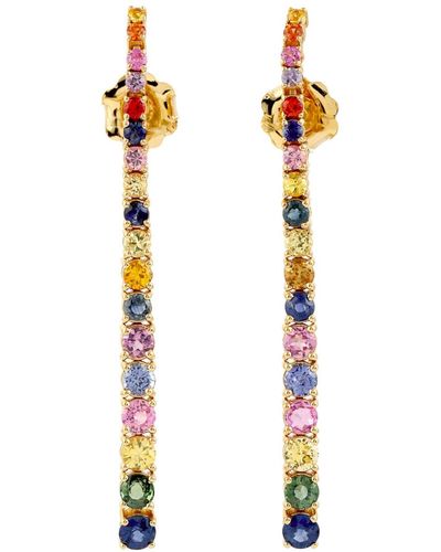 Artisan Pave Sapphire Dangle Earrings Solid 18k Yellow Gold Jewelry - Metallic