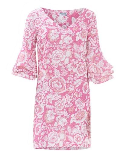 Haris Cotton V Neck Printed Linen Dress With Frill Sleeve - Pink