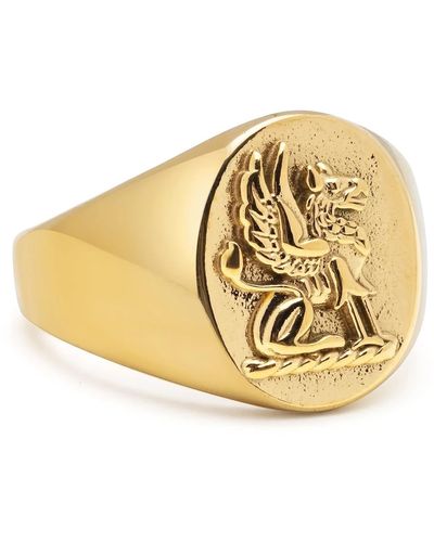 Nialaya Stainless Steel Lion Crest Ring With Plating - Metallic