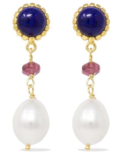Vintouch Italy Lapis, Pink Quartz & Pearl Gold-plated Drop Earrings - Blue