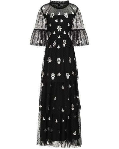 Frock and Frill Baia Leaf Embroidered Tiered Maxi Dress - Black