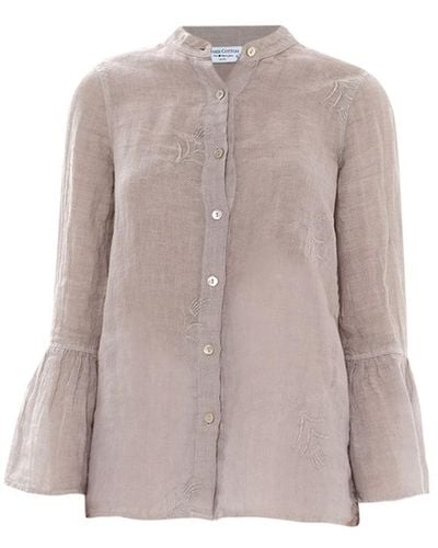 Haris Cotton Embroidered Button Up Linen Gauze Shirt With Bell Sleeves - Brown