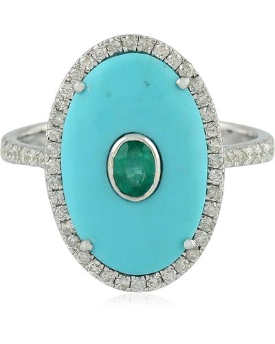 Artisan White Gold Cocktail Ring Natural Diamond Emerald Turquoise Gemstone - Blue