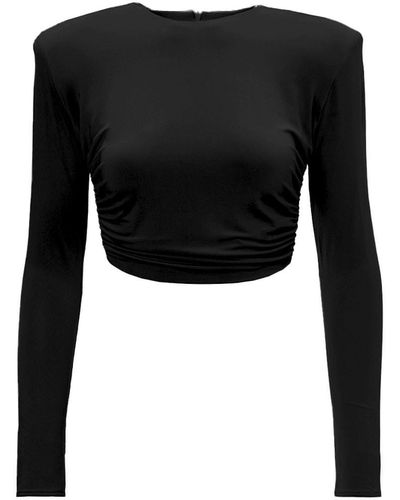 BLUZAT Crop Top With Proeminent Shoulders And Gathered Detailing - Black