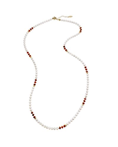 Farra Freshwater Pearls With Orange Natural Garnet Long Necklace - Metallic