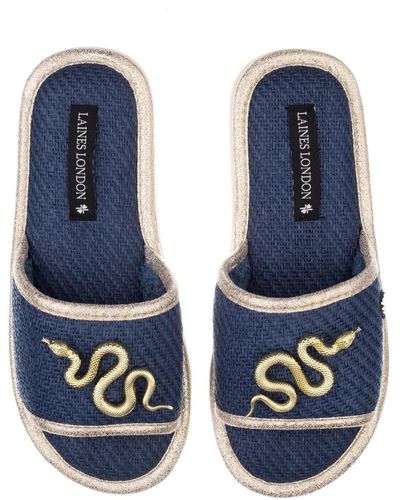 Laines London Straw Braided Sandals With Gold Metal Snake Brooches - Blue