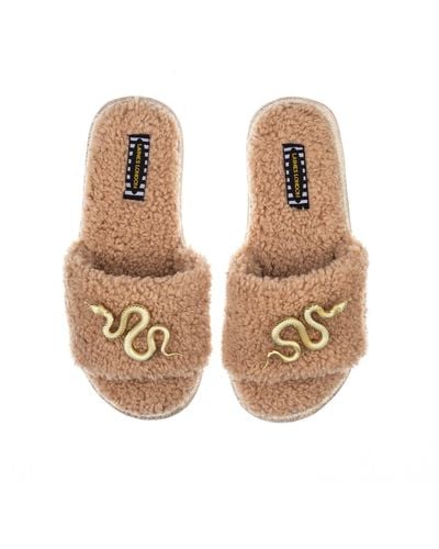 Laines London Teddy Towelling Slipper Sliders With Gold Metal Snake Brooches - Natural