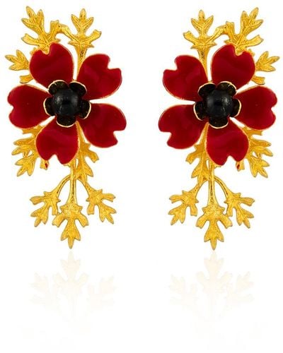 Milou Jewelry Flower Earrings With Gold Branches - Red