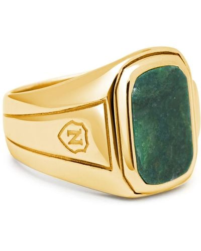 Nialaya Oblong Gold Plated Signet Ring With Green Jade - Metallic