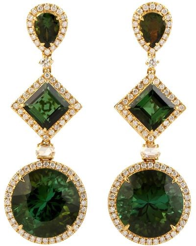 Artisan Yellow Gold Natural Diamond & Tourmaline Gemstone Drop Dangle Earrings - Green