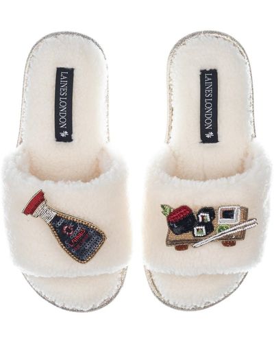 Laines London Teddy Toweling Slipper Sliders With Sushi & Soy Sauce Brooches - Metallic