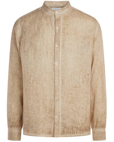 Haris Cotton Neutrals Slim Fit Mandrin Neck Linen Freddo Dye Shirt_ Sand Freddo - Natural