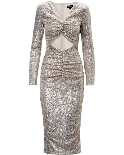 BLUZAT Sequin Midi Dress With Cut-out And Gathered Detailing - Gray