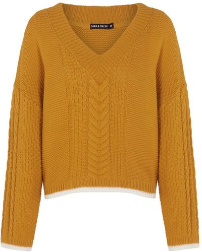 Cara & The Sky Emma Cable V Neck Jumper Mustard - Yellow