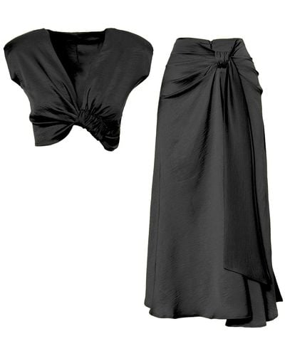 BLUZAT Set With Knotted Top And Midi Skirt - Black
