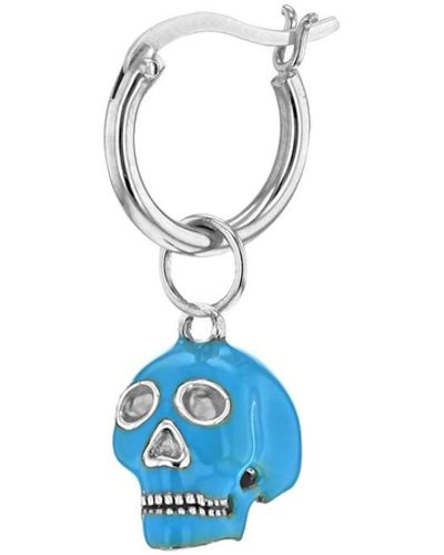 True Rocks Turquoise Enamel & Sterling Silver Mini Skull Charm On Silver Hoop - Blue