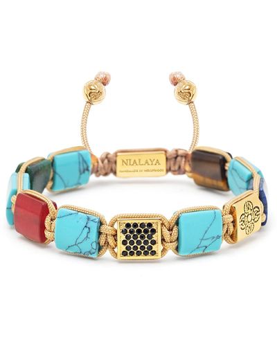 Nialaya Flatbead Bracelet With Turquoise, Jade, Blue Lapis, Brown Tiger Eye & Gold