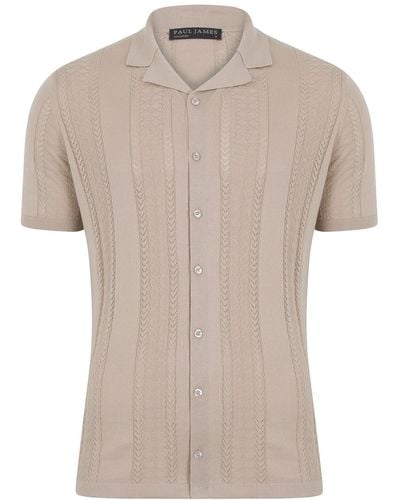 Paul James Knitwear Neutrals S Ultra Fine Cotton Santiago Open Knit Cuban Collar Shirt - Natural