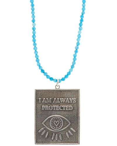 Ebru Jewelry Sterling Silver I Am Always Protected Pendant Turquoise Stone Beaded Necklace - Metallic