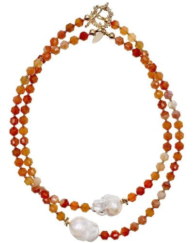Farra Orange Agate With Baroque Pearls Double Strands Necklace - Red